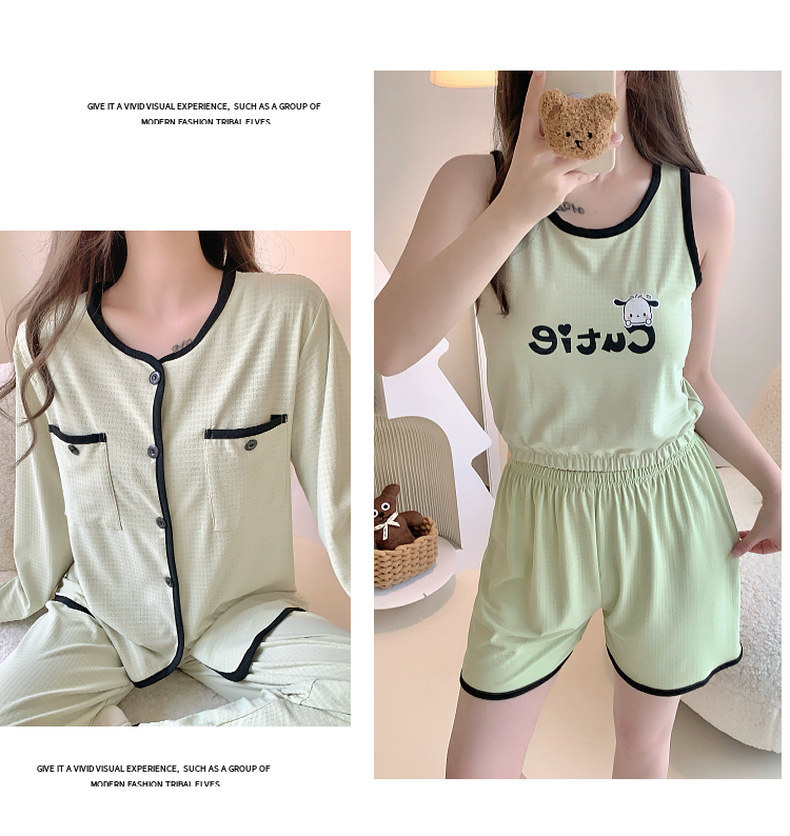 带胸垫睡衣女春秋长袖四件套夏季吊带背心可爱卡通2024新款家居服详情7