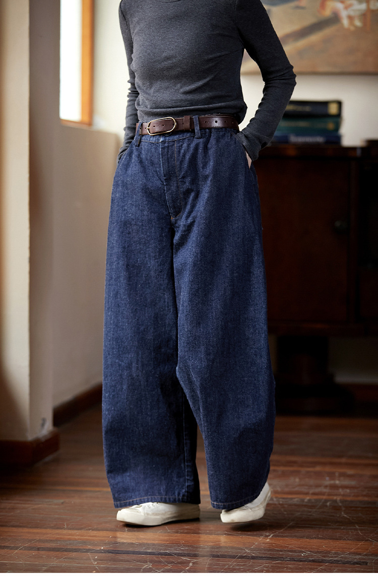 春秋款藏海蓝经典文艺复古耐磨阔腿半松紧牛仔裤长裤休闲挺括女裤详情2