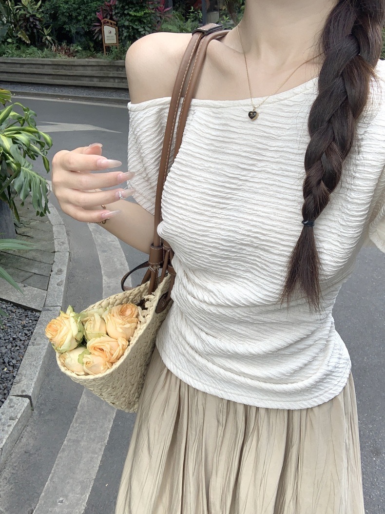 斜肩肌理感韩版短袖T恤女夏季修身显瘦内搭打底衫白色气质上衣服详情6