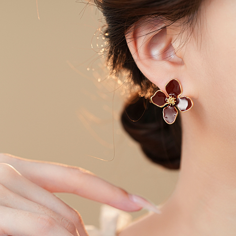 银针美拉德风咖色滴油四瓣花朵耳钉女气质耳环复古高级感耳饰批发详情16