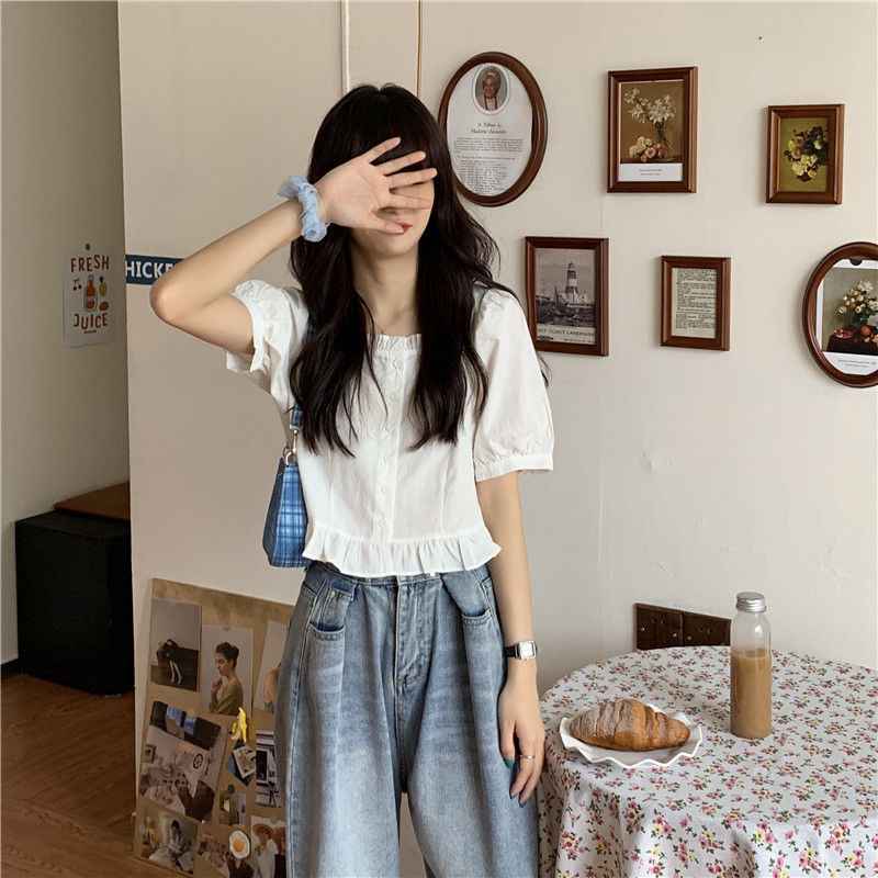 短袖衬衫女设计感小众夏季法式甜美减龄短款上衣方领小个子娃娃衫详情20