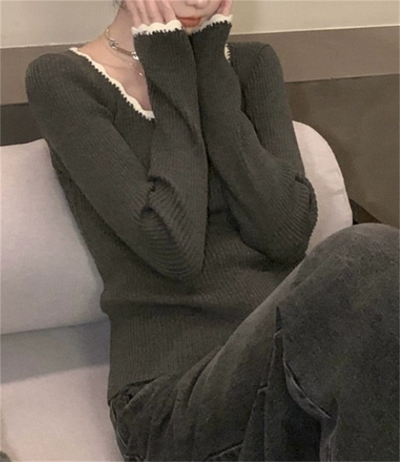 KANING复古撞色打底针织衫女2025春季新款法式气质修身内搭毛衣女详情4