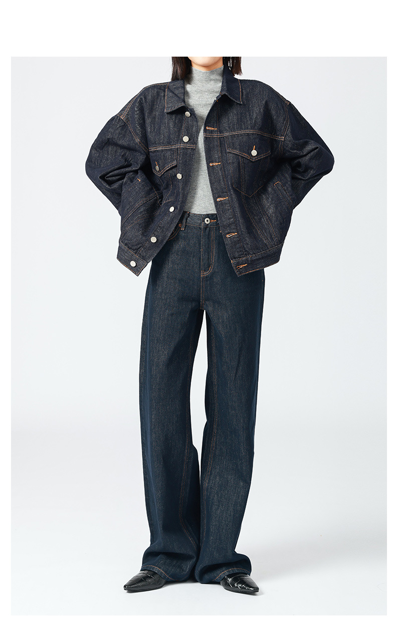 高腰阔腿牛仔裤女 法式松弛感/原色丹宁复古宽松大直筒拖地裤秋冬详情4