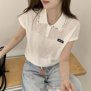 南油高端女装2026夏季新款珍珠装饰麻花纹针织短袖通勤气质上衣详情16