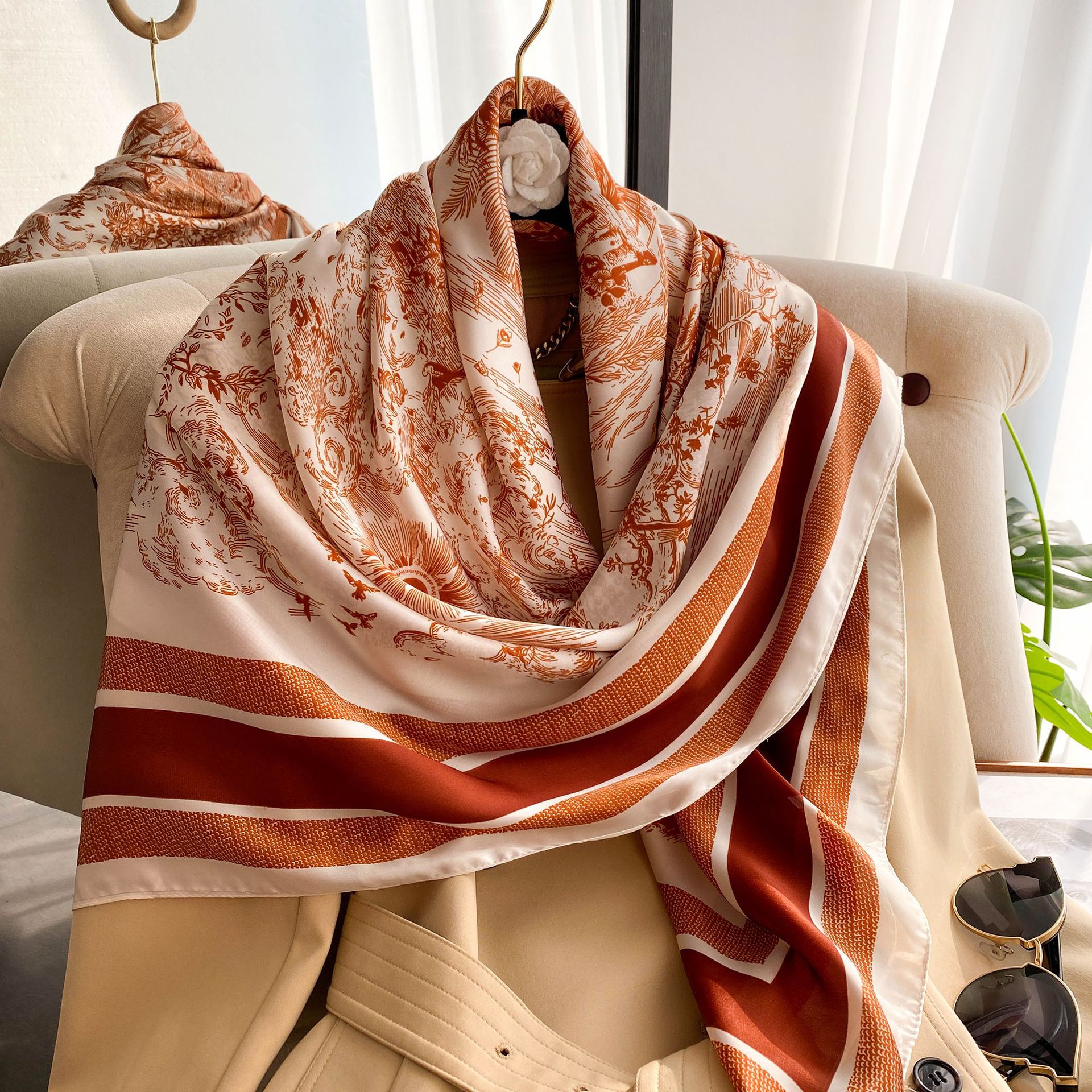 New faux silk scarf for women, 110cm plain weave large square scarf, versatile printed decorative sun protection shawl, summer wholesale pic 8