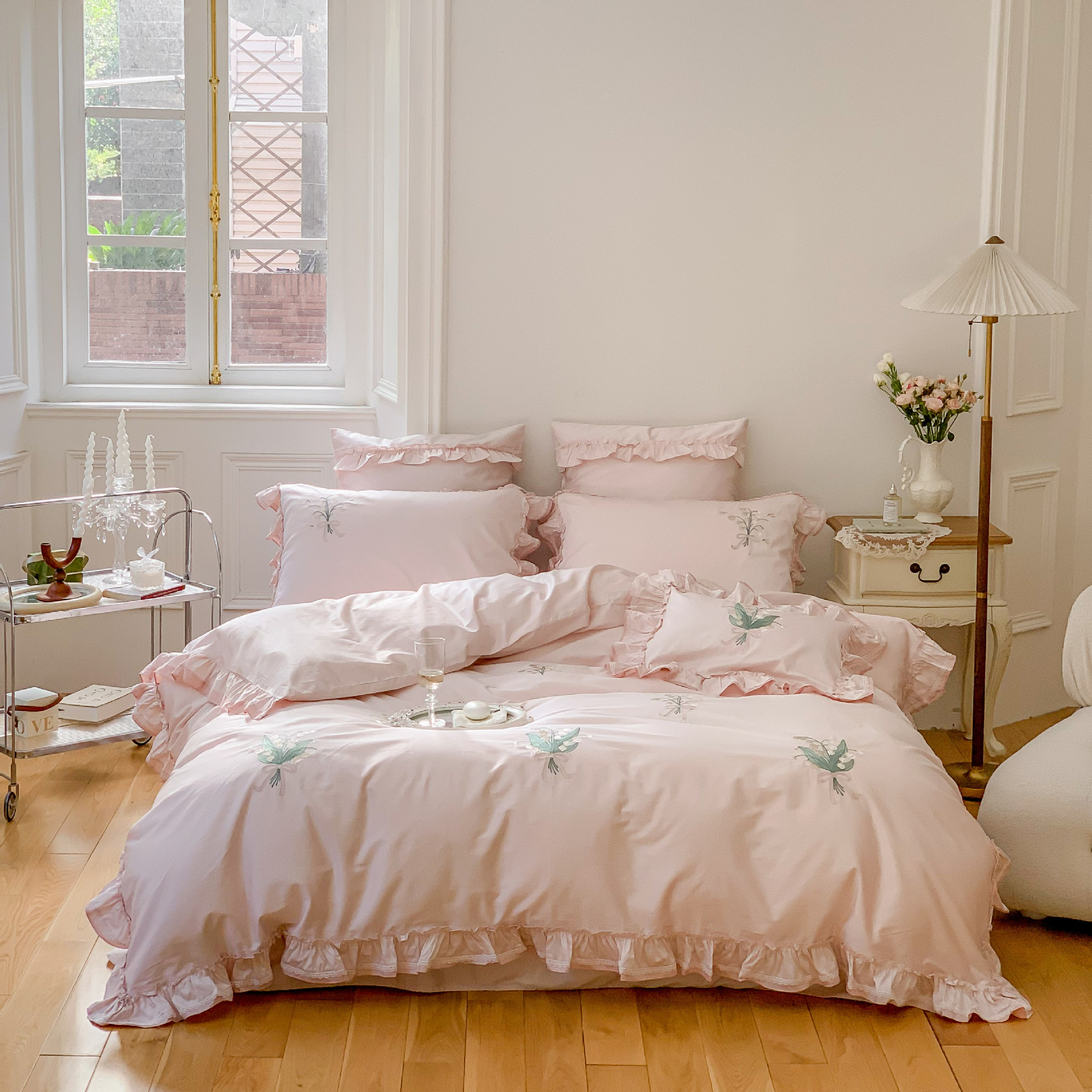 Classical embroidery double-piece natural color fabric with ruffled edges and rounded corners, 100S Australian cotton double-strand Gongbrocade, long-staple cotton four-piece set pic 17