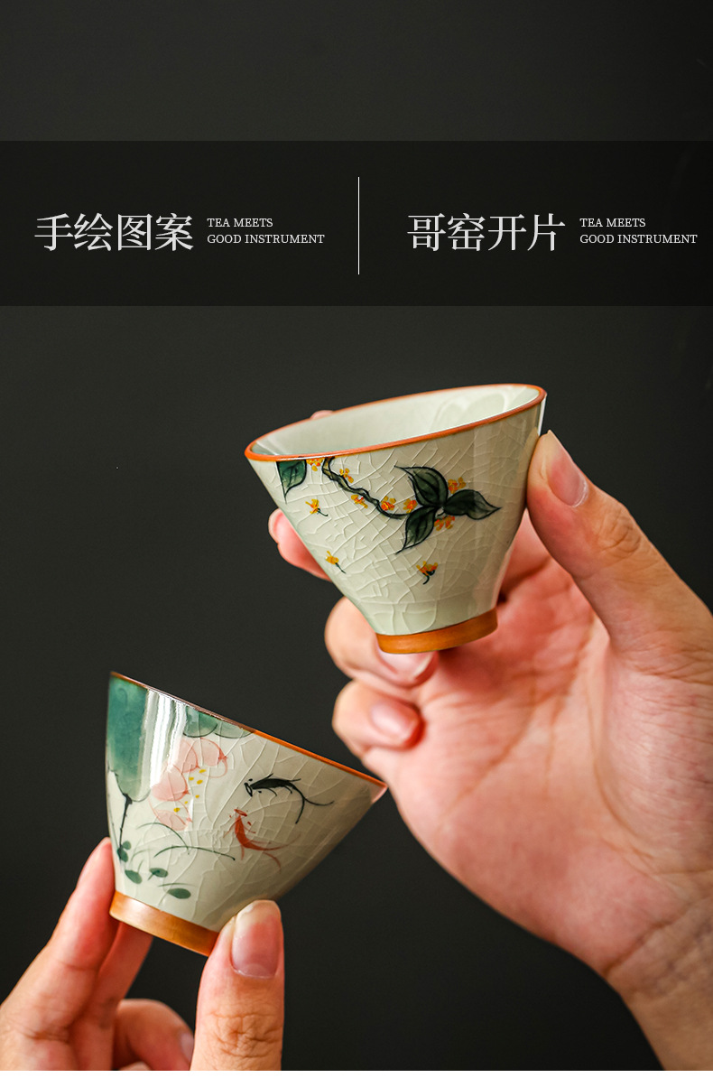 哥窑手绘荷花斗笠杯品茗杯开片陶瓷功夫茶杯釉下彩主人杯单 杯斗详情6