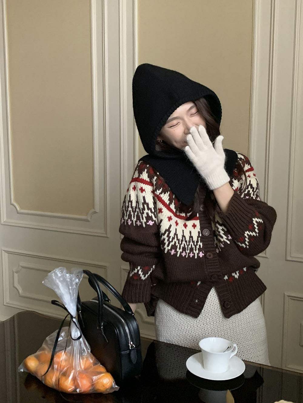 费尔岛复古美式少女撞色波普提花单排扣针织开衫厚实保暖毛衣外套详情9