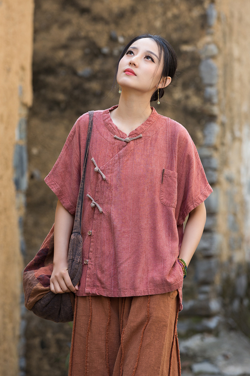 国潮2025夏棉麻女装亚麻扎染手缝线设计师款上衣斜襟盘扣新中式女开衫详情12