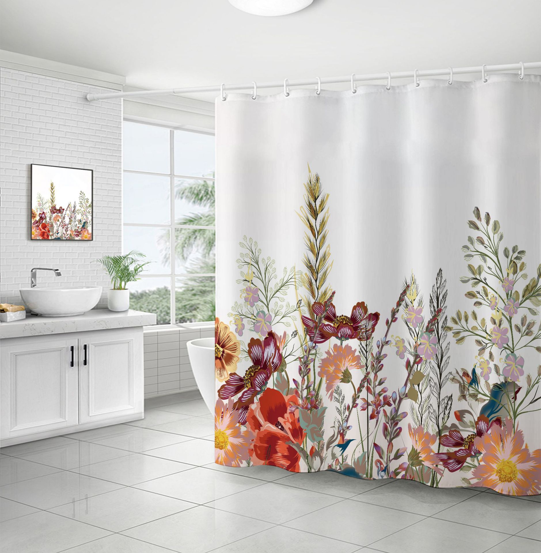 Cross-border direct sales of flower and plant bath curtains, fresh and simple floral waterproof and moisture-proof polyester isolation curtains pic 14