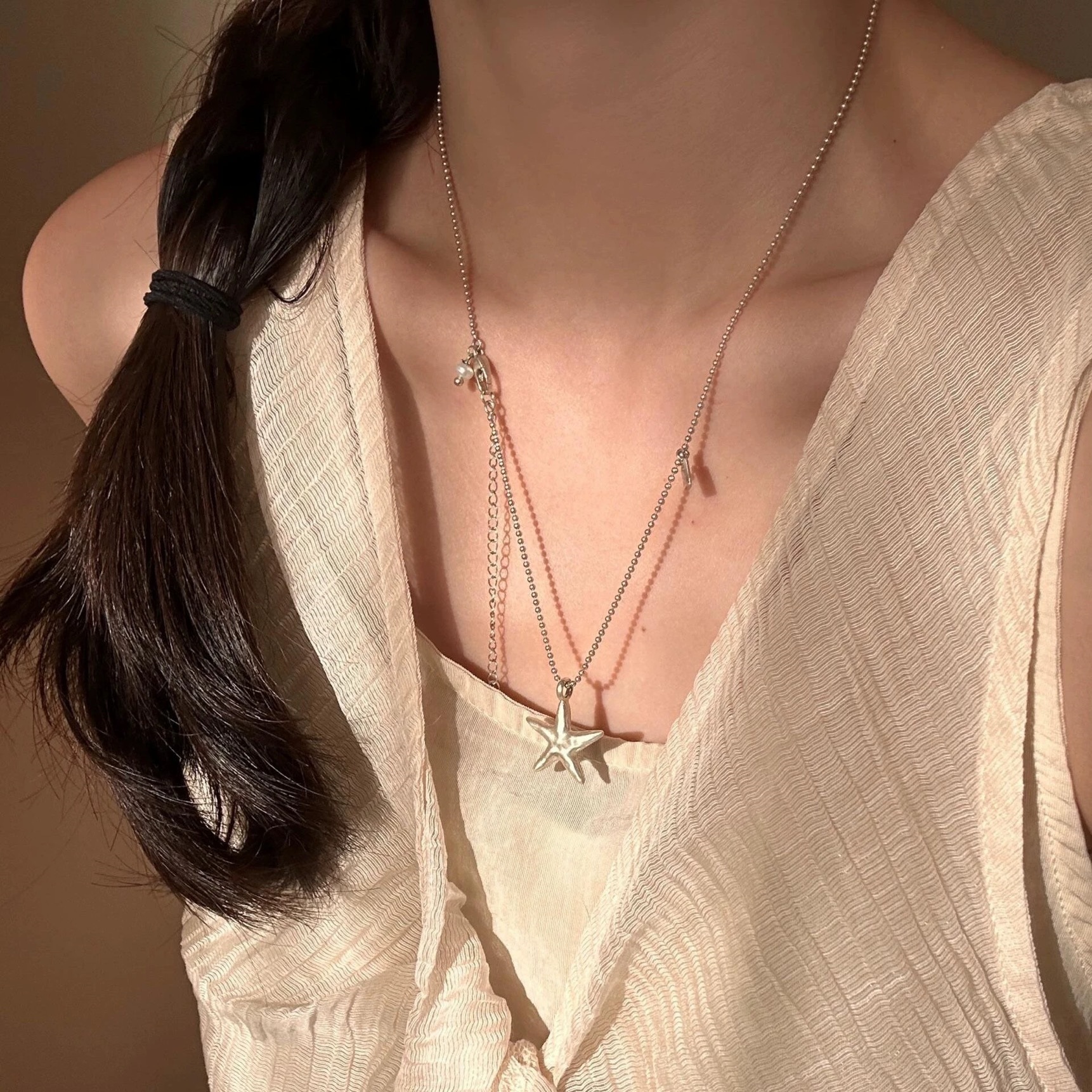 小清新淡水珍珠五角星海星吊坠项链女小众高级日常百搭叠戴毛衣链详情2