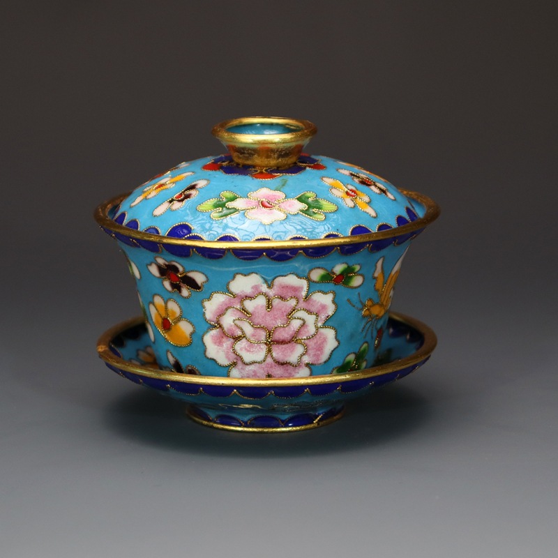 Beijing Cloisonne craft cultural gift and decorative items: copper body, cloisonne enamel, filigree, silver blue, large and small tea bowls and covered bowls pic 16