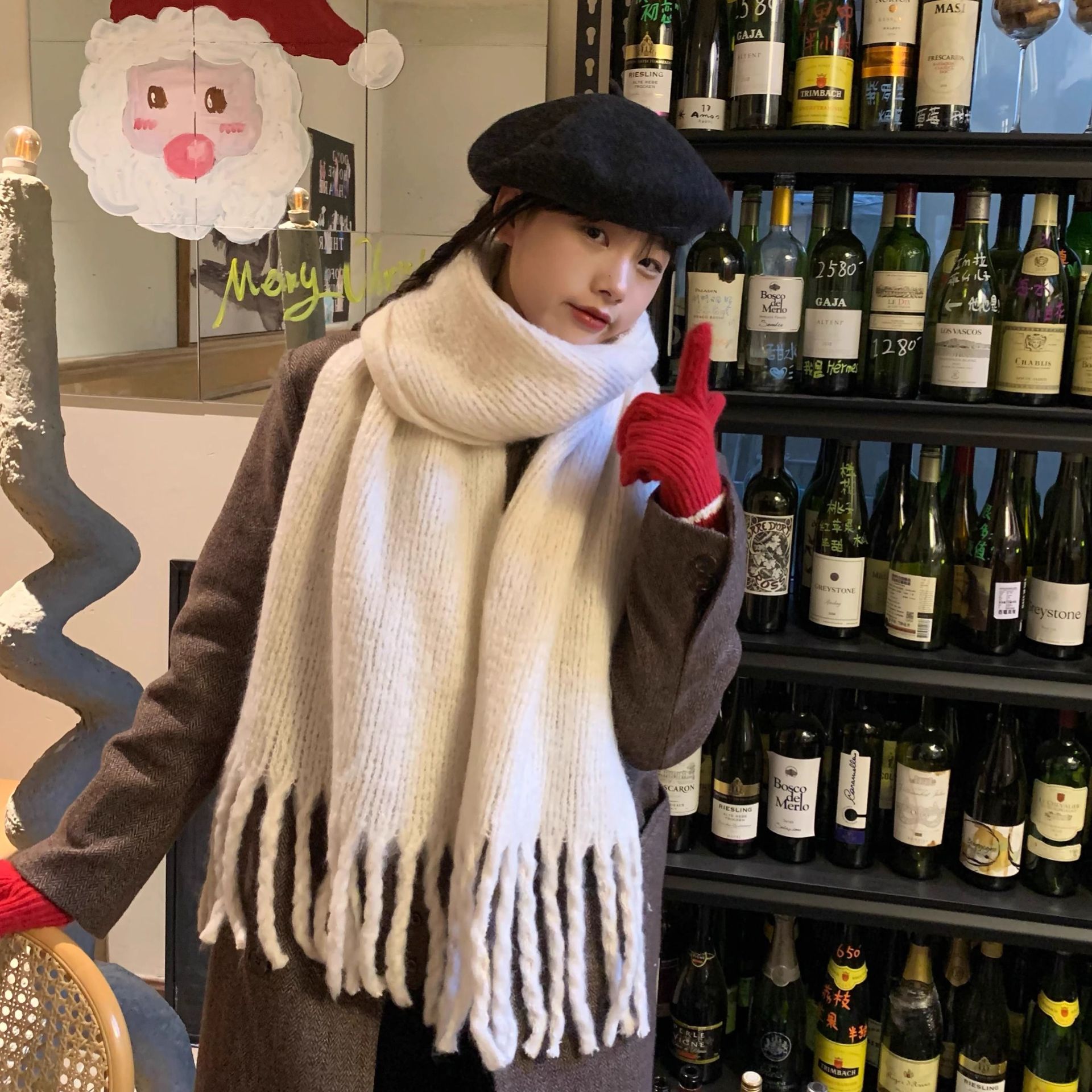 A thickened, solid-colored knitted tassel scarf scarf with a strong sense of Chinese trend atmosphere for women in the Korean winter couple pic 6
