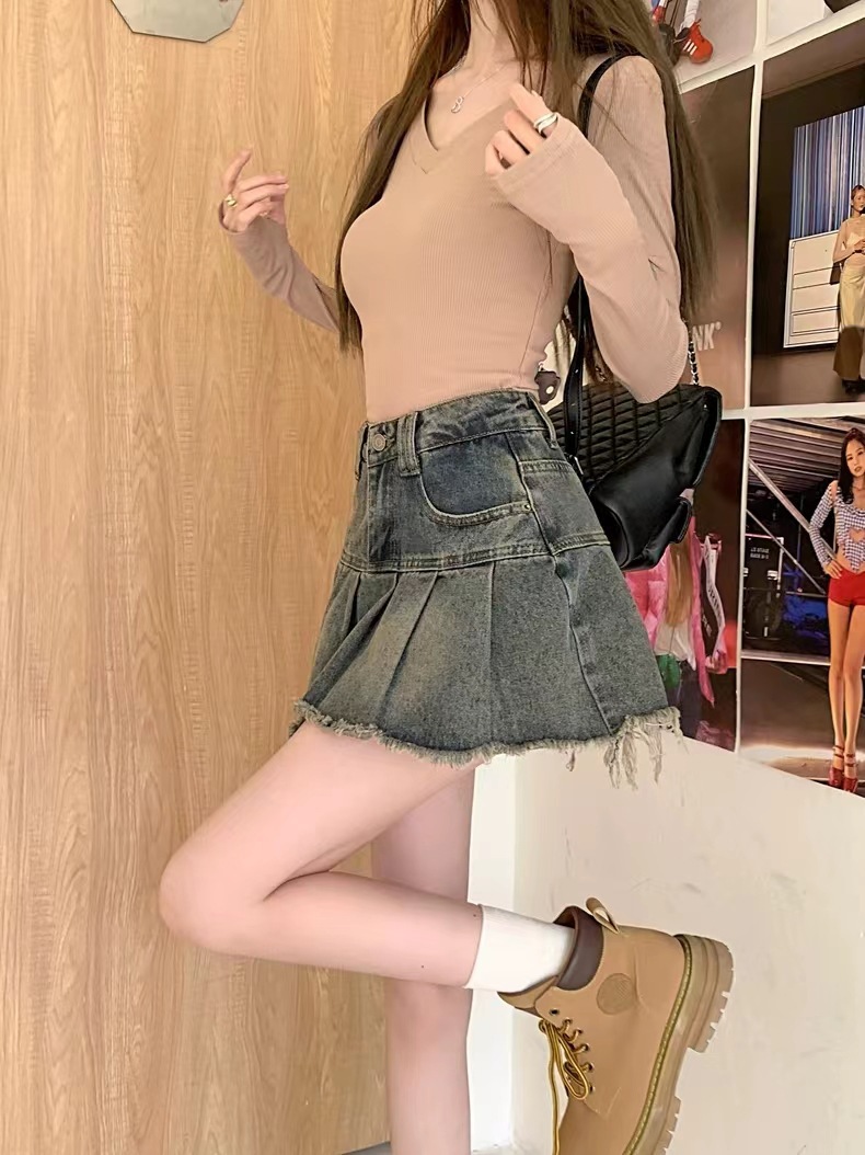 辣妹复古百褶牛仔半身裙女2024新款夏季高腰a字防走光包臀短裙子详情14