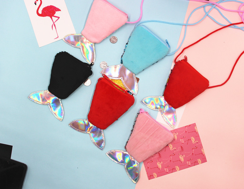 亮片美人鱼挂绳硬币包小钱包儿童斜跨小包鱼尾巴双色亮片零钱包女详情19