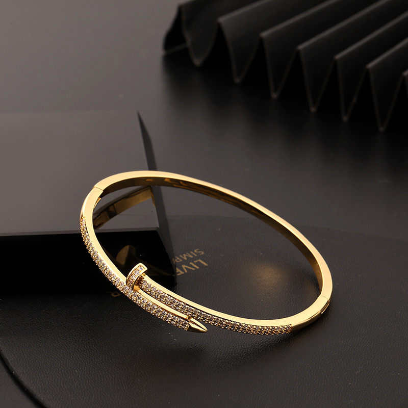 Cross-border European and American personalized diamond-encrusted nail bracelet for women, no color fading, light luxury, niche and versatile design open bracelet wholesale pic 5