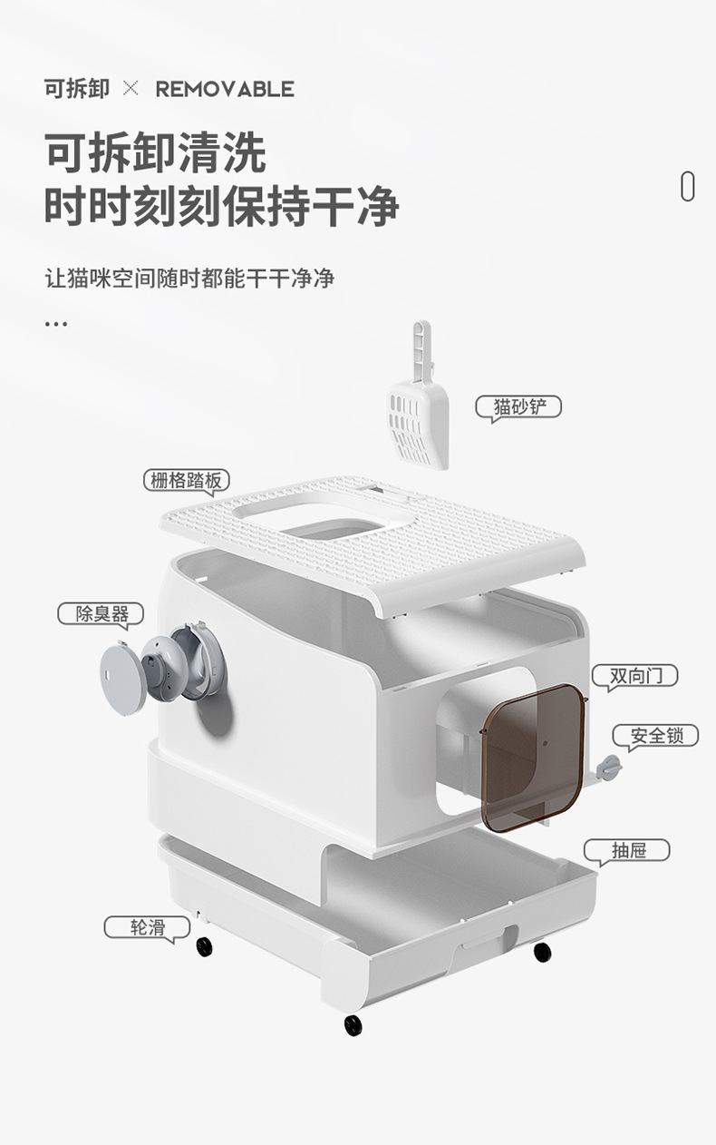 新款智能除臭猫厕所超大号顶入式防外溅抽屉全封闭特大猫砂盆跨境详情12