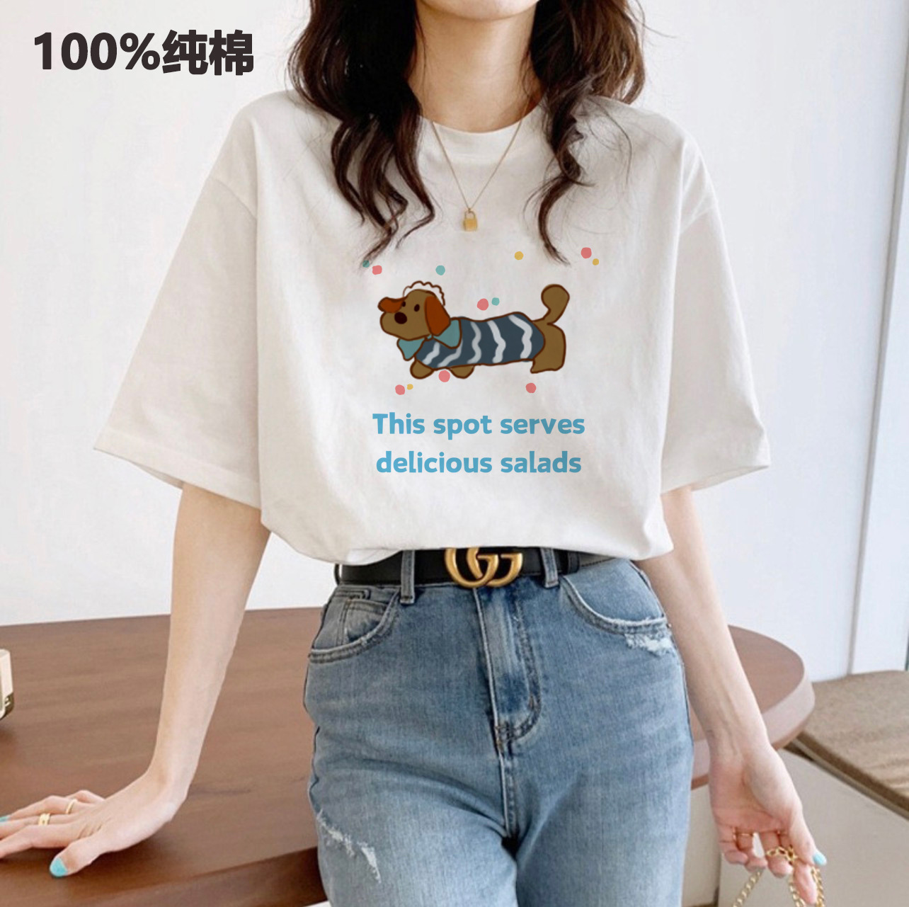 This new pure cotton short-sleeved T-shirt is a perfect match for women in summer. It features a printed off-the-shoulder top with a loose round neck and a Korean-style Instagram inside pic 10
