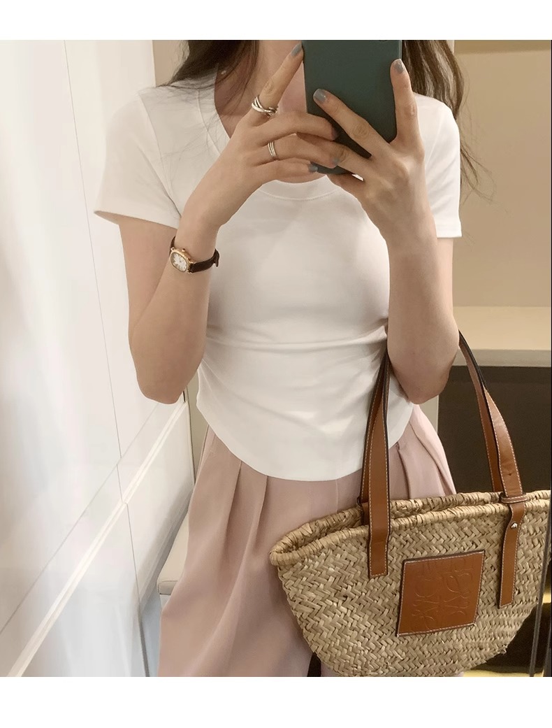 辣妹正肩紧身短袖T恤女 2025夏季新款直播显身材 茶艺风格低领紫色上衣 女式T恤青春时尚潮流详情18