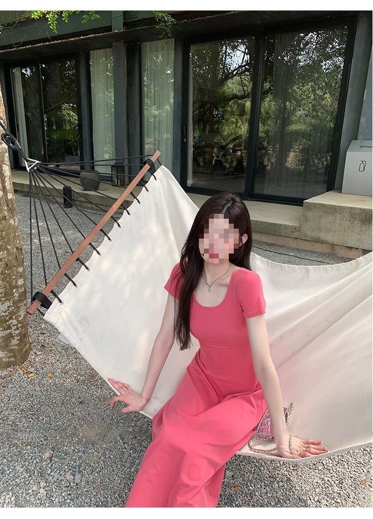 法式纯欲风夏季圆领短袖连衣裙包臀修身收腰长裙纯色高腰大摆裙详情13