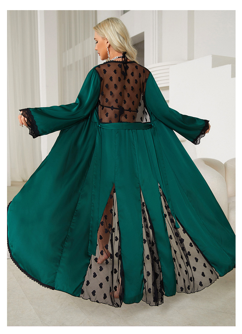 New cross-border light luxury long-sleeved V-neck satin lace patchwork long bathrobe, bathrobe and home wear for women, 657 pic 21