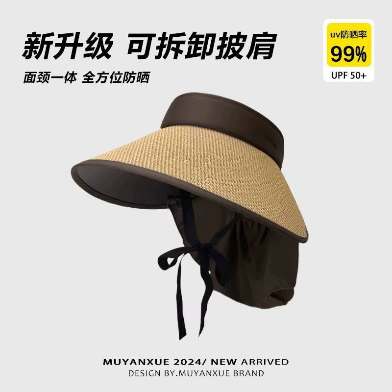 2025新款防晒帽女夏护颈遮阳帽大帽檐户外草编空顶太阳帽披肩可拆详情7