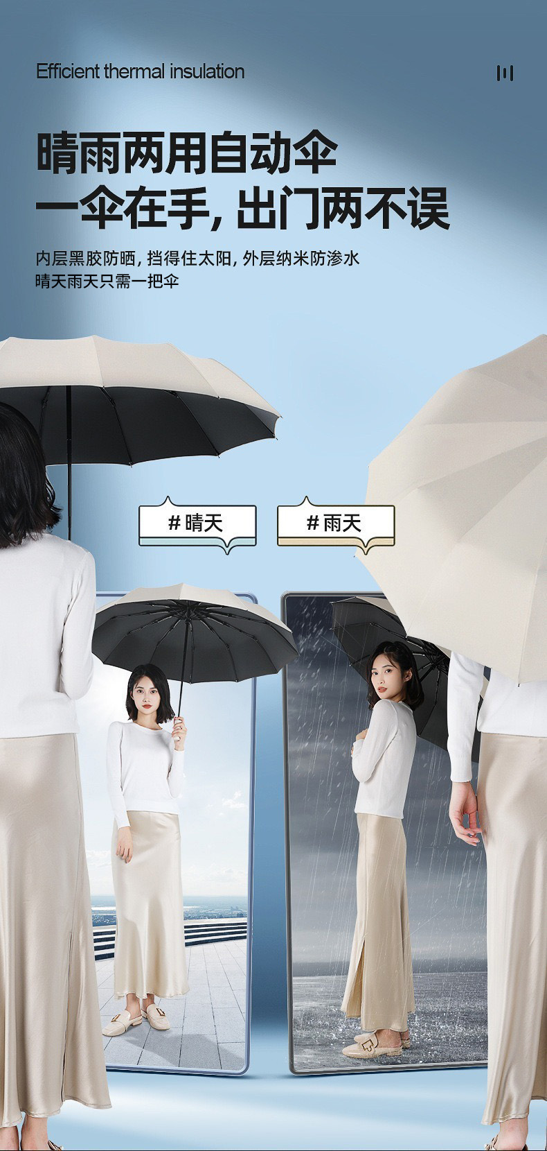 渐变色40骨全自动雨伞男士大号晴雨两用太阳伞批发定制防晒遮阳伞详情9
