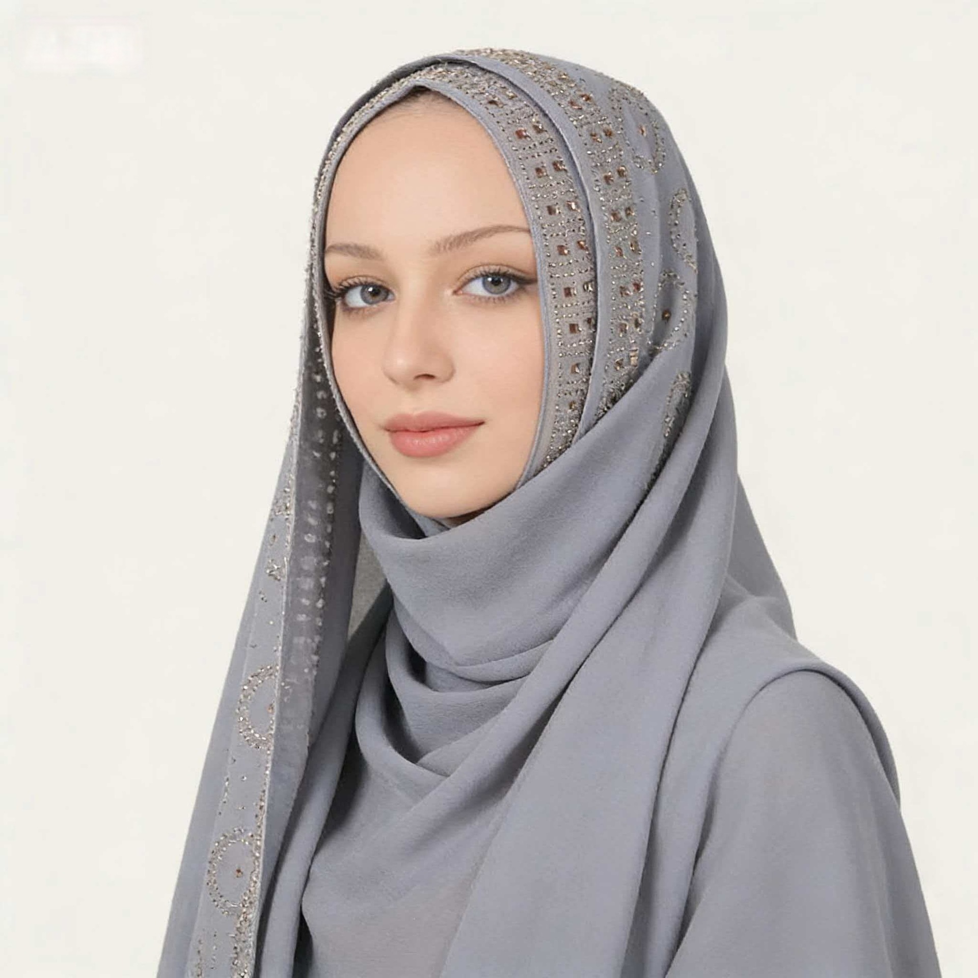 A007素色单色跨境新款围巾烫钻珍珠雪仿烫钻长巾盖头纱巾头巾花边详情11