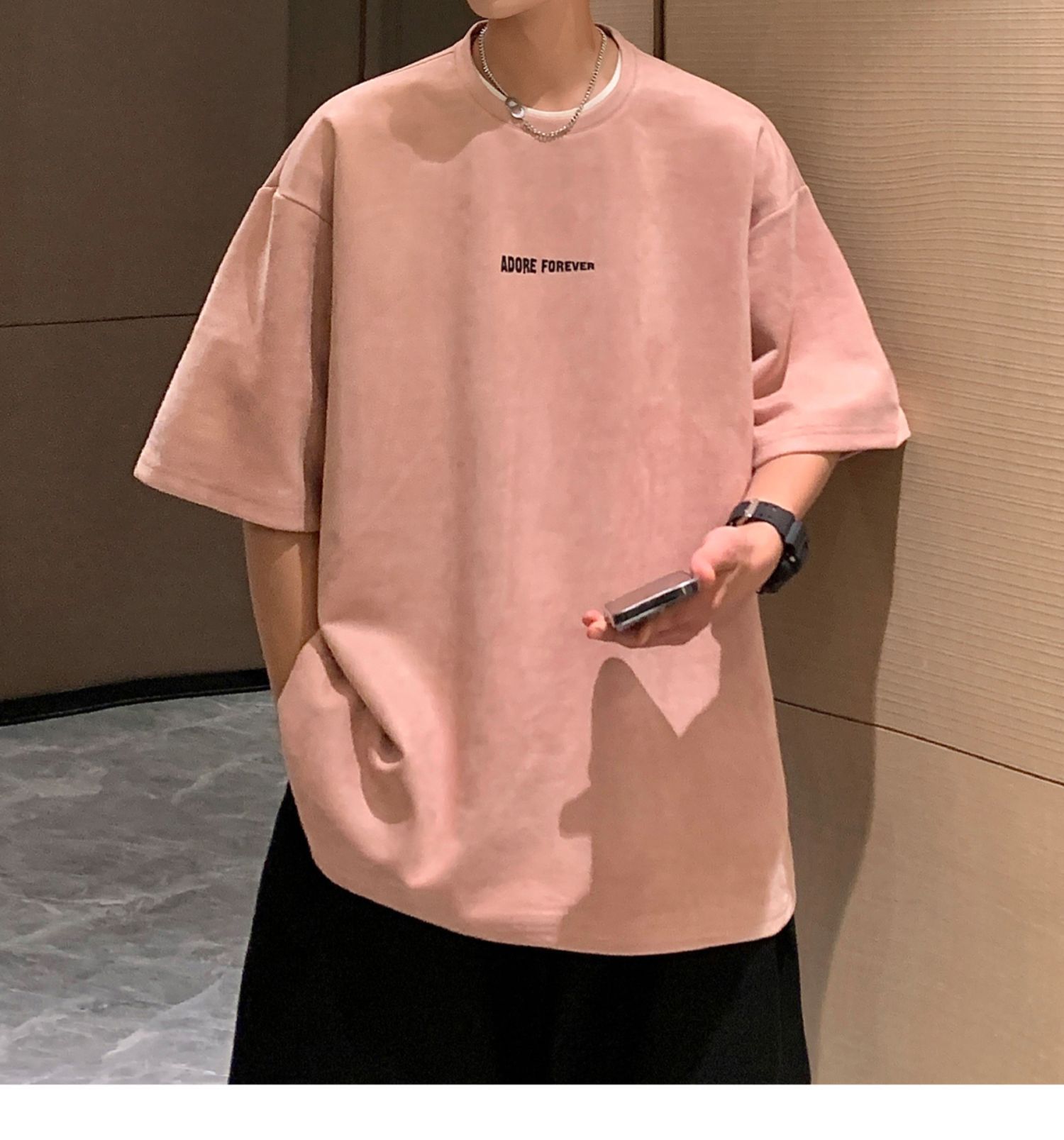 Avocado Green 320g heavyweight T-shirt for men, American retro suede short-sleeved, oversized small collar, three-quarter sleeve pic 34