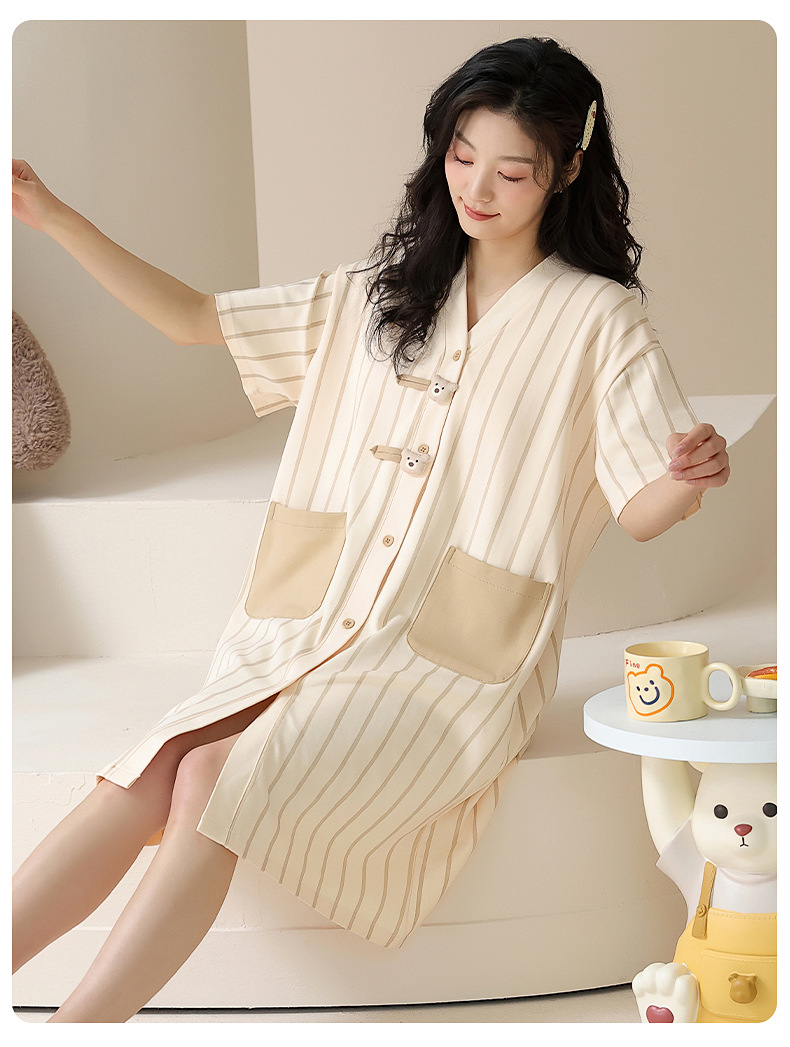 【纯棉】睡衣女士夏季休闲可爱短袖睡裙带胸垫可外穿家居服简约风详情10