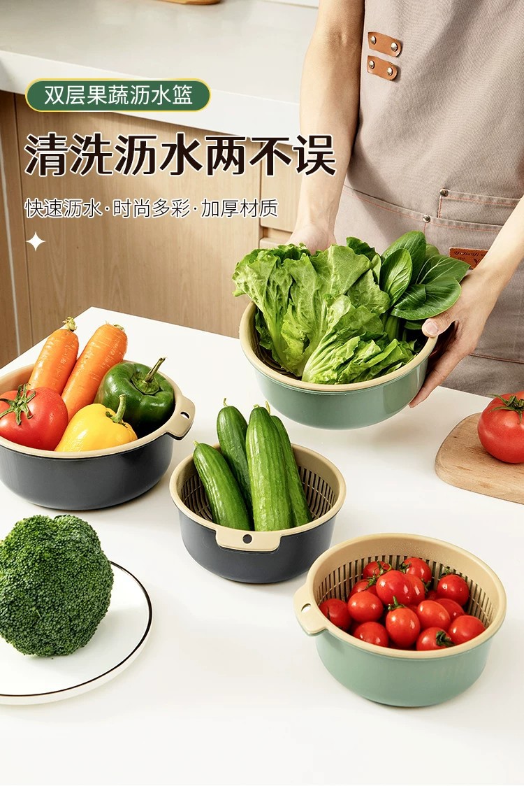厨房双层镂空洗菜盆碗筷沥水篮多功能塑料圆形家用菜篮水果盆加厚详情1