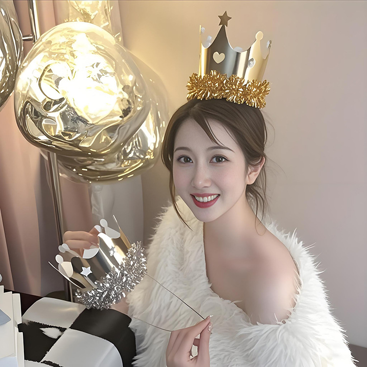 Influencers estilo oro plata borla corona sombrero de cumpleaños niños adultos fiesta fiesta pastel decoración sombrero de papel pic 9