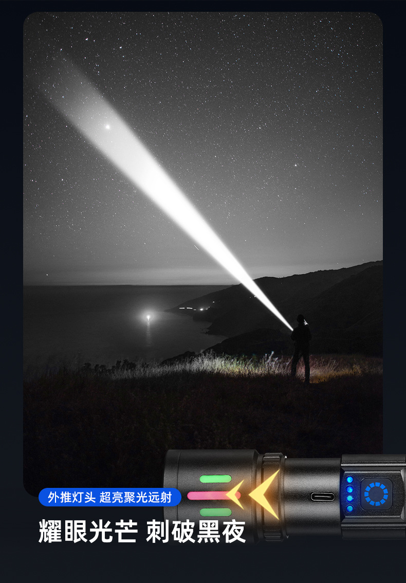 New cross-border white laser flashlight, outdoor portable hiking led strong light flashlight, multi-functional emergency light pic 9