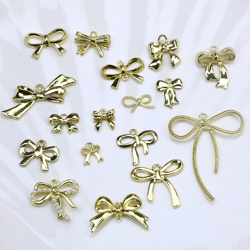ins alloy retro gold bow double hanging Single hanging through-hole pendant collection, DIY jewelry accessories, handcrafted materials pic 2