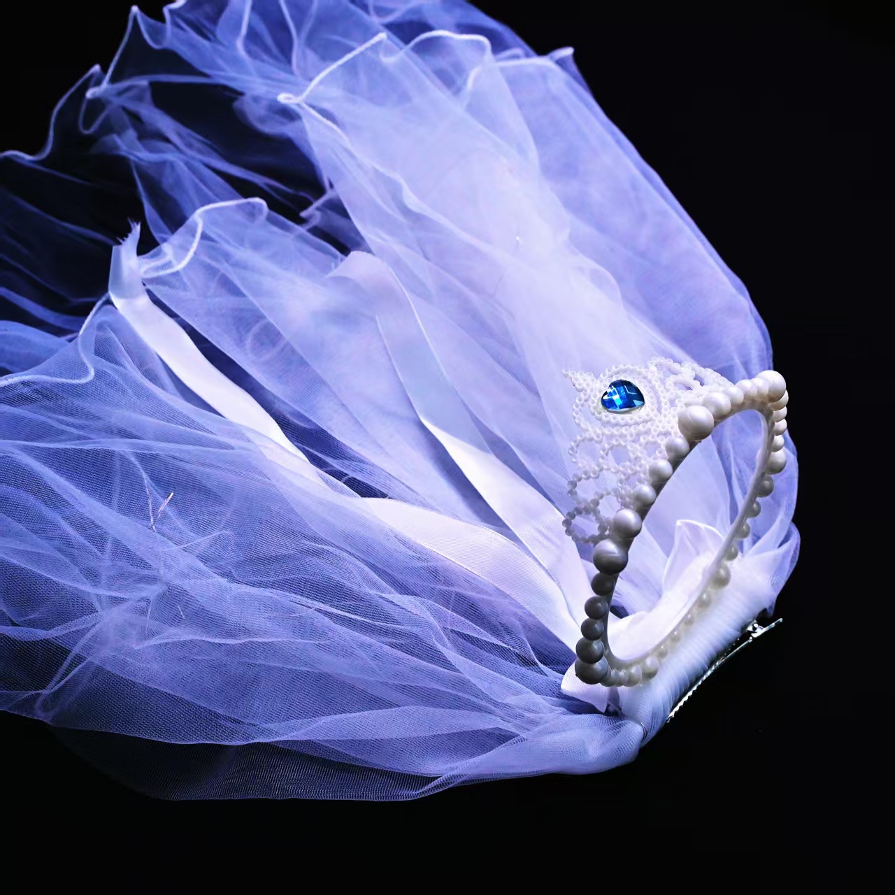 女童皇冠 蓝色王冠游乐园发饰 冰雪公主发光流苏珍珠头纱夜市热卖详情4