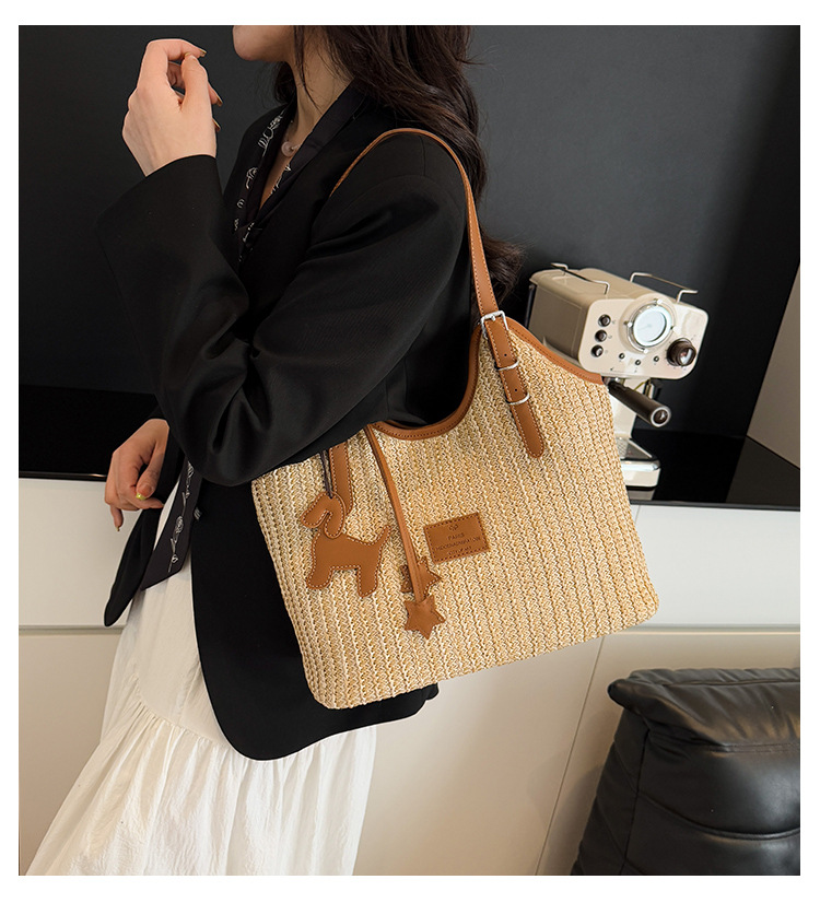 Large-capacity tote bag for women, 2025 new style hand-woven straw bag, commuting, seaside vacation, beach single-shoulder bag, national trend bag pic 2