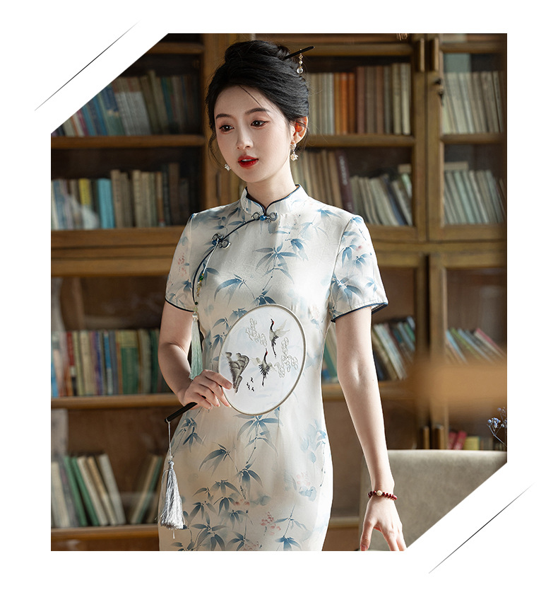 Fresh and elegant bamboo leaf long double-layer style slimming cheongsam short-sleeved new Chinese-style stand-up collar 2025 Summer new style pic 1