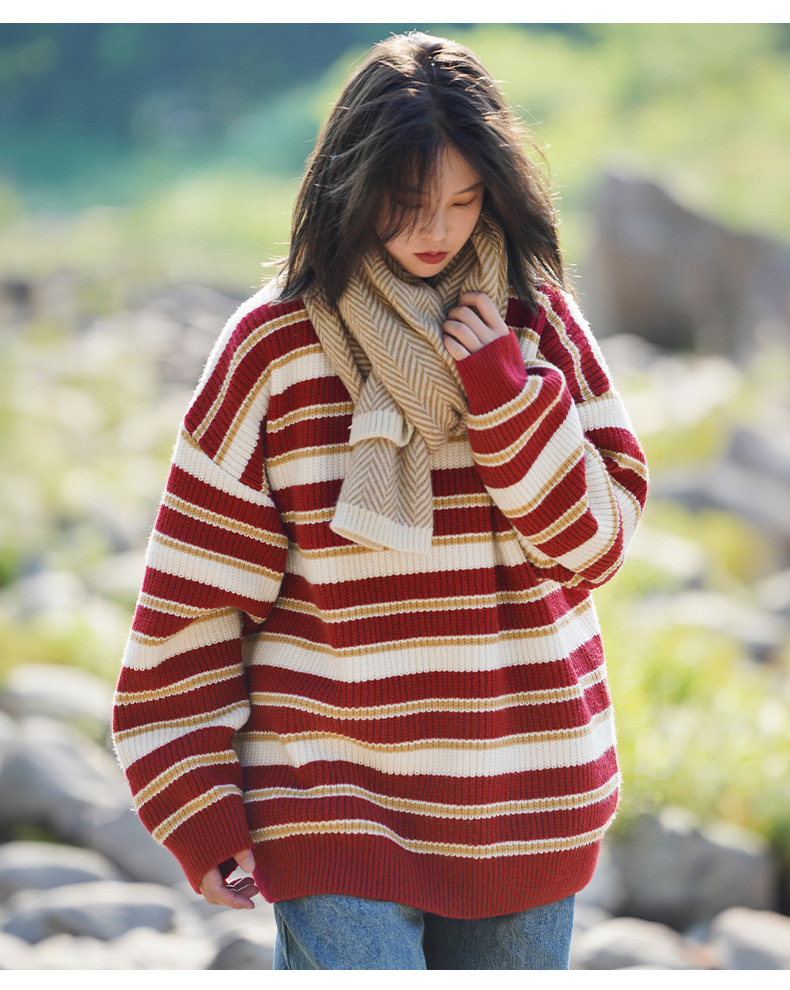 Retro color-blocking striped chunky knit sweater for both men and women, Japanese loose trendy round-neck knitted sweater jacket for autumn and winter pic 19