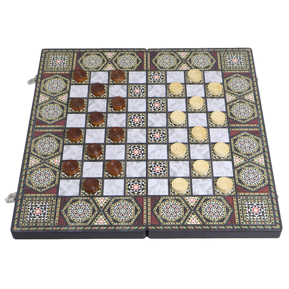 Wholesale of international chess casual entertainment chessboard with dark wooden patterns, three-in-one, high-end feel, portable folding, and for export pic 6
