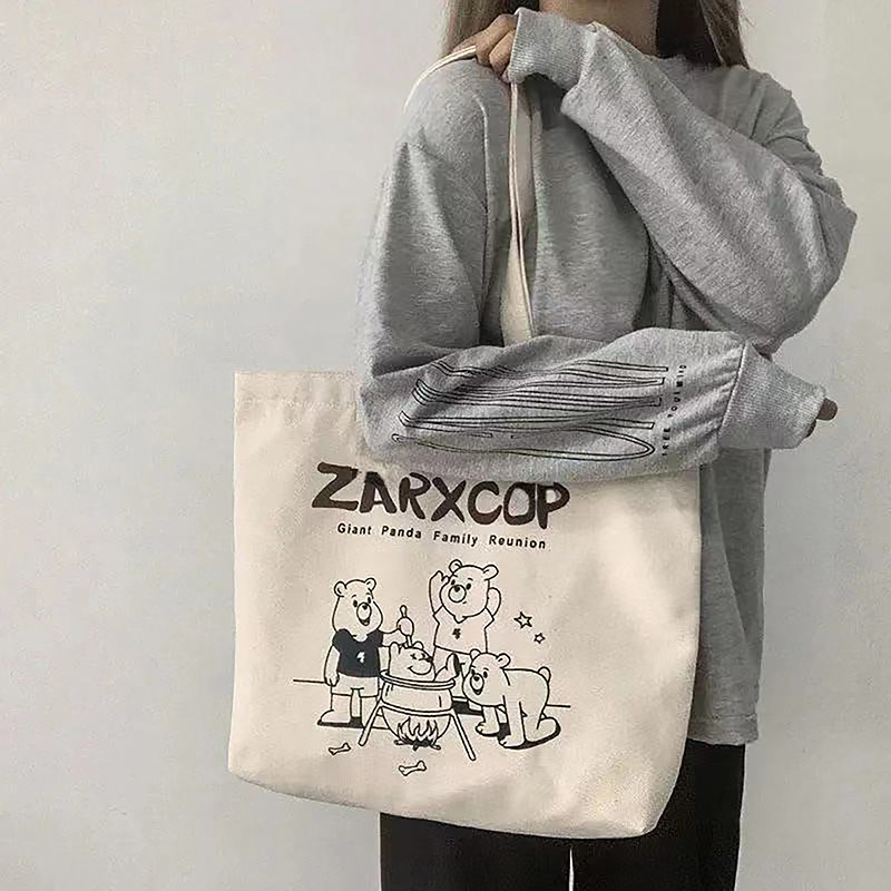 Single-shoulder canvas bag for female students in class, artistic Korean style retro English fashion shopping wholesale cloth bag, zipper bag pic 4