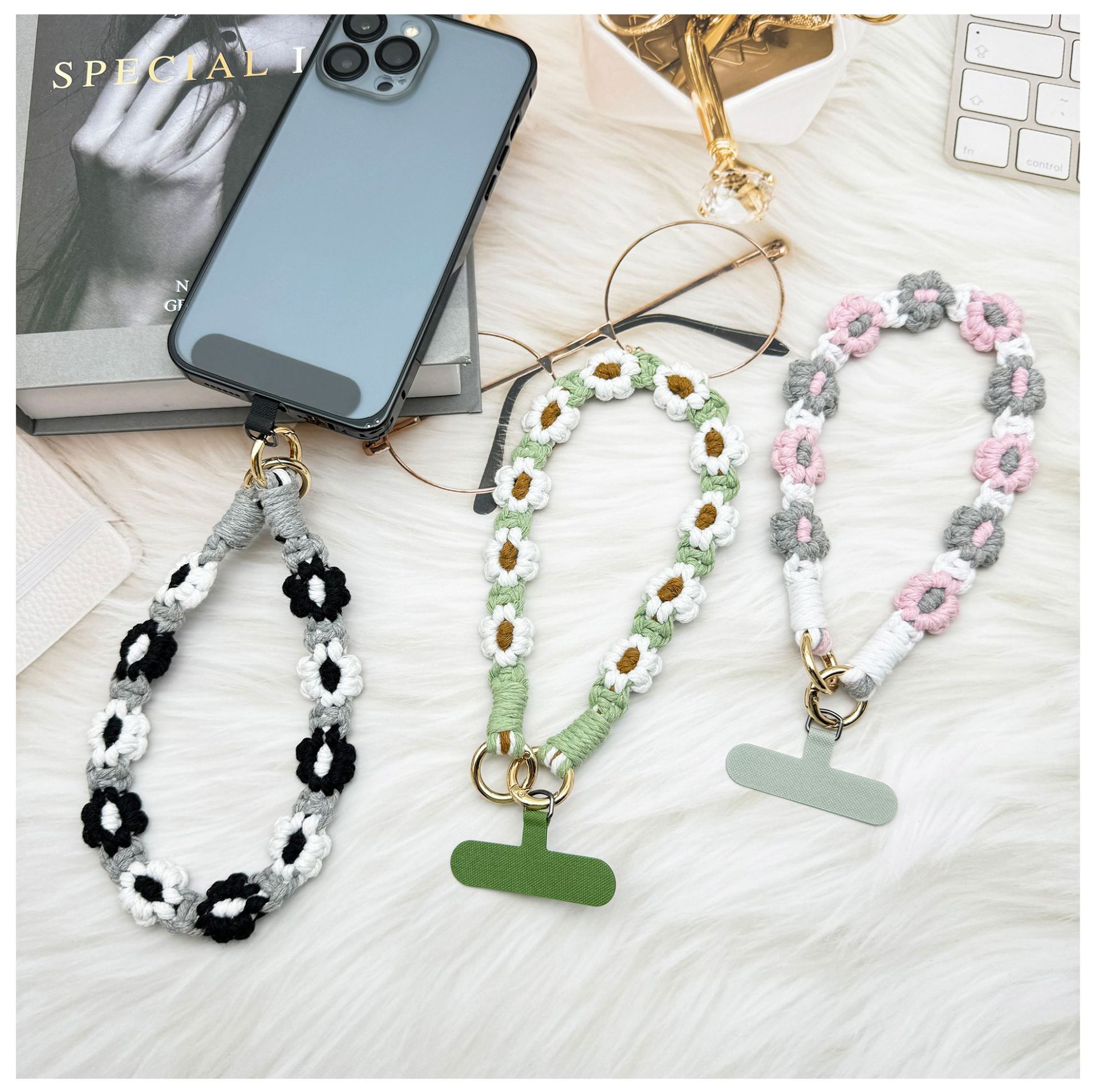 ins欧式手机挂件编织手机链小雏菊花朵编绳钥匙扣包包创意礼物女详情2