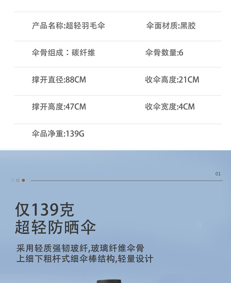 超轻三折碳纤维羽毛伞铅笔伞晴雨两用黑胶遮阳防晒太阳伞轻量伞详情1