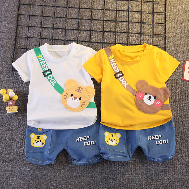 Versión coreana de verano niños manga corta niños shorts traje de bebé zoe vestido de verano bolsa de satchel camiseta traje de dibujos animados 5 pic 2