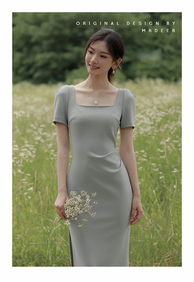 白色法式小礼服方领短袖修身微弹力长款领证订婚小晚礼服连衣裙详情16