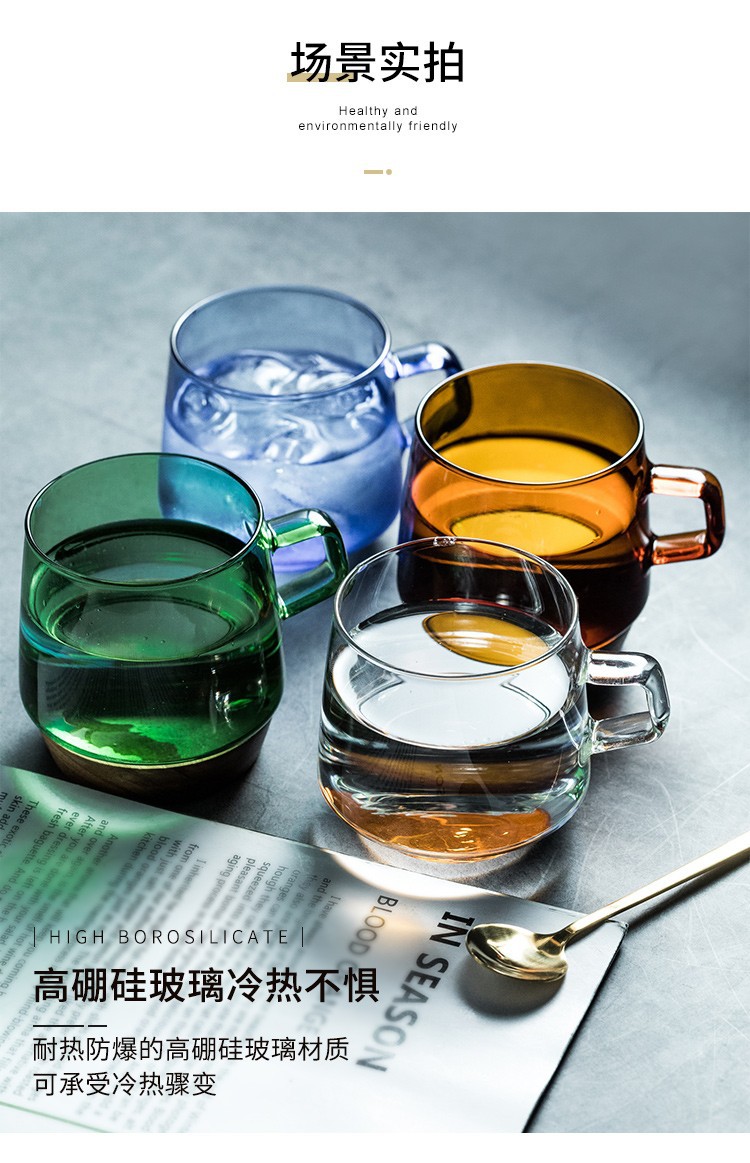 Colored heat-resistant glass water cup, coffee cup and saucer set, suitable for open flame microwave oven, high appearance level, ins light luxury mug pic 4