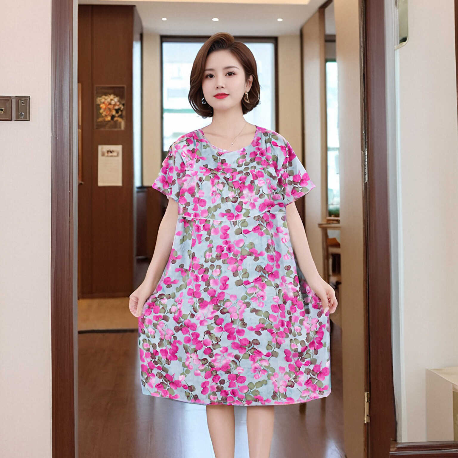 45支放凸点荷叶边碎花短袖连衣裙女夏宽松显瘦妈妈中老年减龄裙子详情9