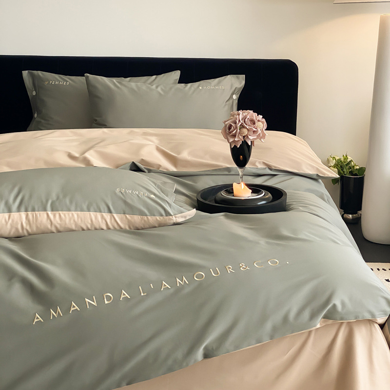 Simple, light luxury and fashionable solid-color long-staple cotton four-piece set, pure cotton letter-embroidered duvet cover, double bedding pic 61