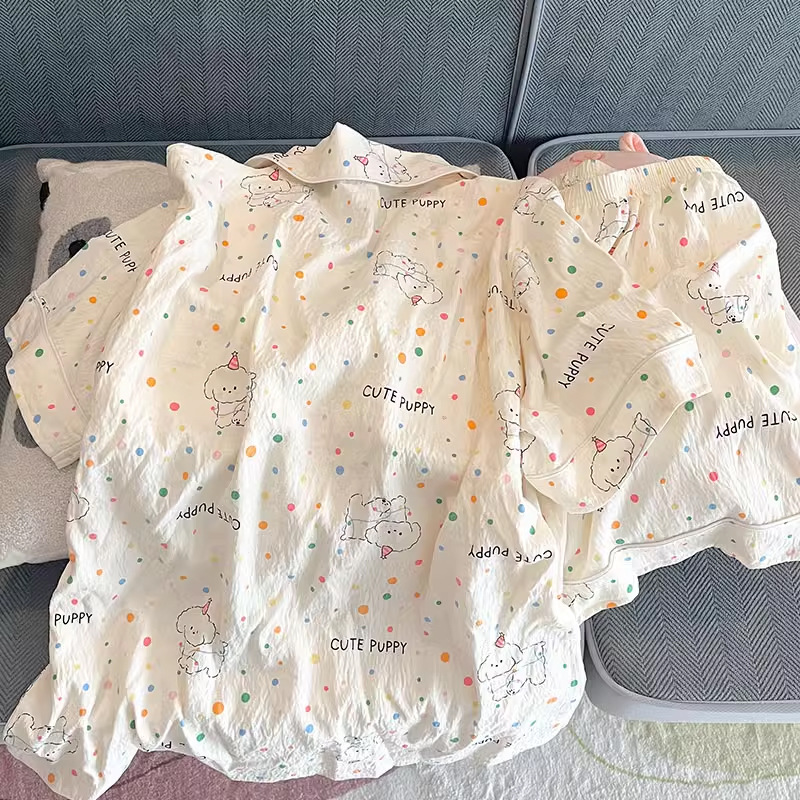 Pajama Women Summer Cloud Cotton 2024 New Style sweet and cute cardigan casual short-sleeved and short-shorts home wear set pic 23