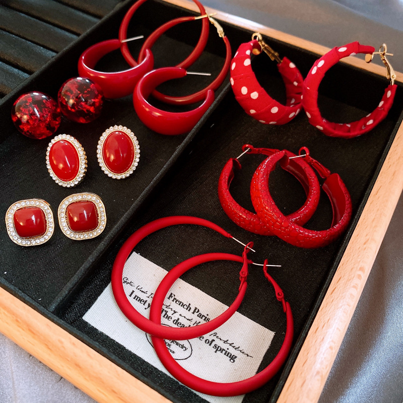 银针安可拉红色波点几何圆形耳圈耳环个性时尚耳圈港风复古耳饰女详情2