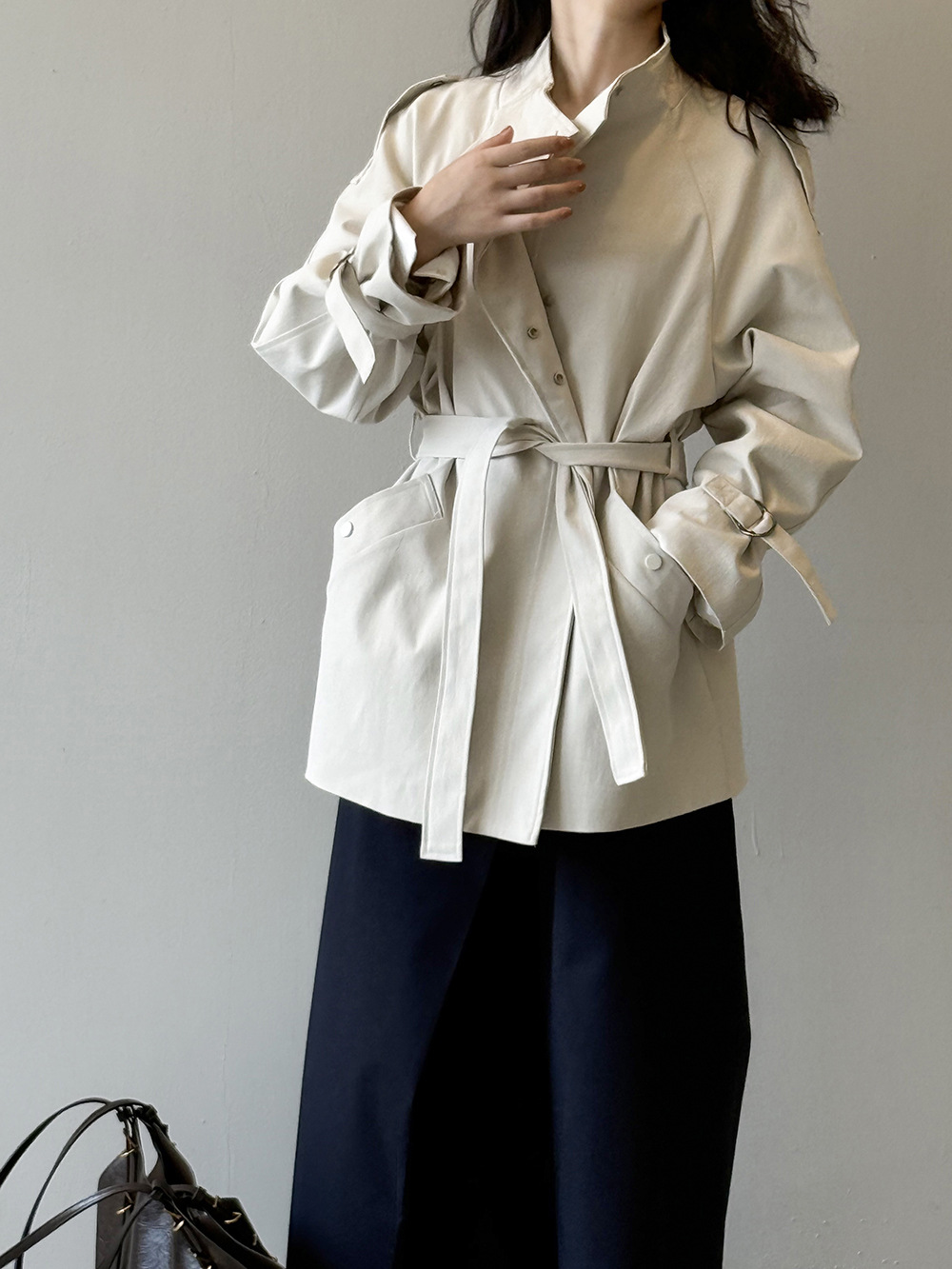 Yan Shuang British-style stand-up collar trench coat for women, autumn loose, casual, lace-up, waist-cinching short style 82585 pic 32